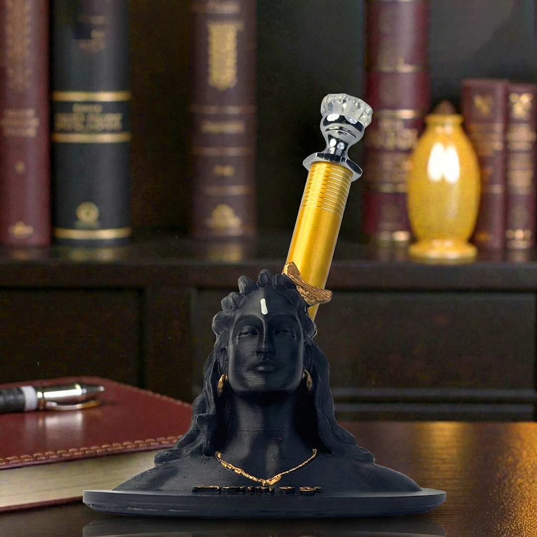 Adiyogi Pen Stand with Crystal Top Golden Pen