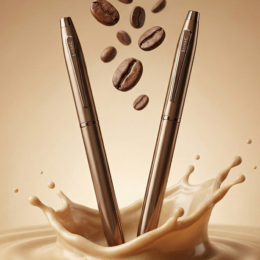 Signature Coffee Fragrance Kiger Metal With Premium Plating Roller Pen (Set of 2) | Extra Coffee Refill
