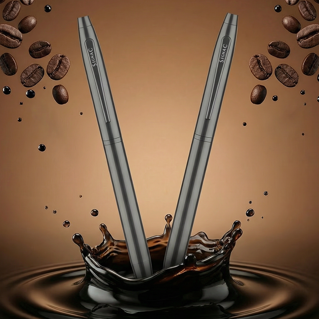Signature Coffee Fragrance Kiger Metal With Premium Plating Roller Pen (Set of 2) | Extra Coffee Refill