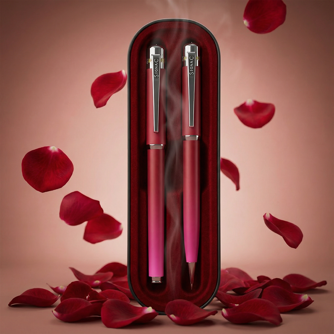 India's 1st - (Rose Bloom Fragrance Infused) Ombre Shade Metallic Roller & Ball Pen Set